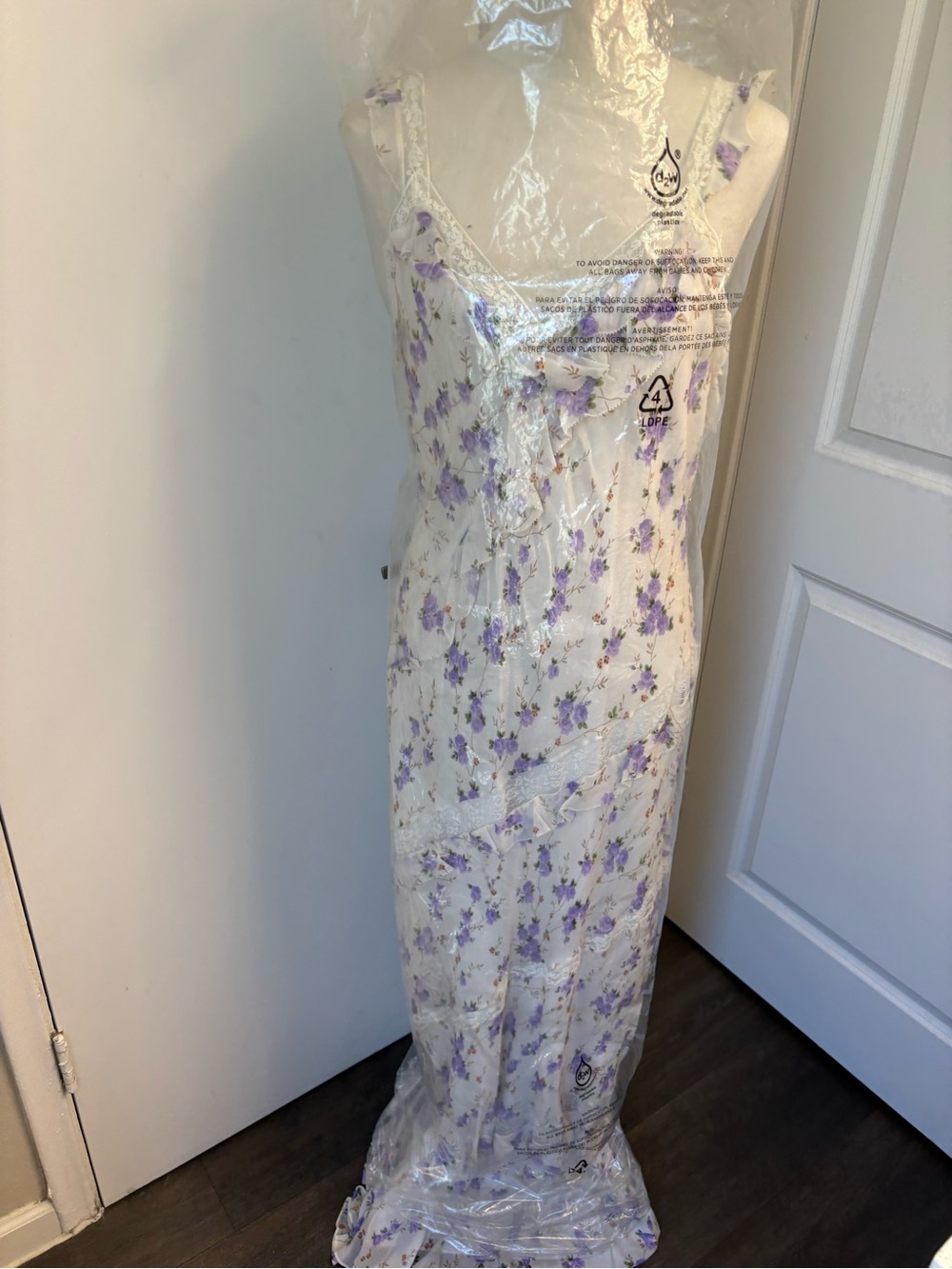 LoveShackFancy Cream Maxi Dress with Lavender Floral Print and Lace Trim
